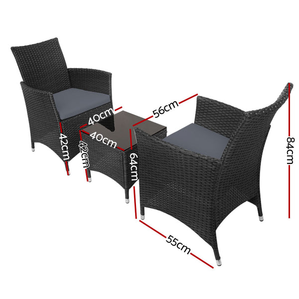 Gardeon 3pc Bistro Wicker Outdoor Furniture Set Black freeshipping - Awezingly