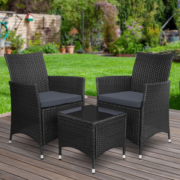 Gardeon 3pc Bistro Wicker Outdoor Furniture Set Black freeshipping - Awezingly