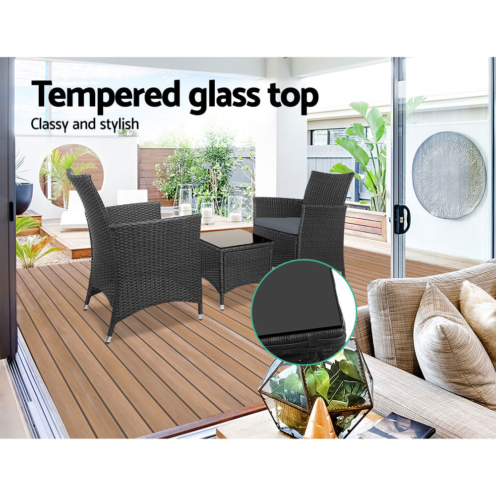 Gardeon 3pc Bistro Wicker Outdoor Furniture Set Black freeshipping - Awezingly