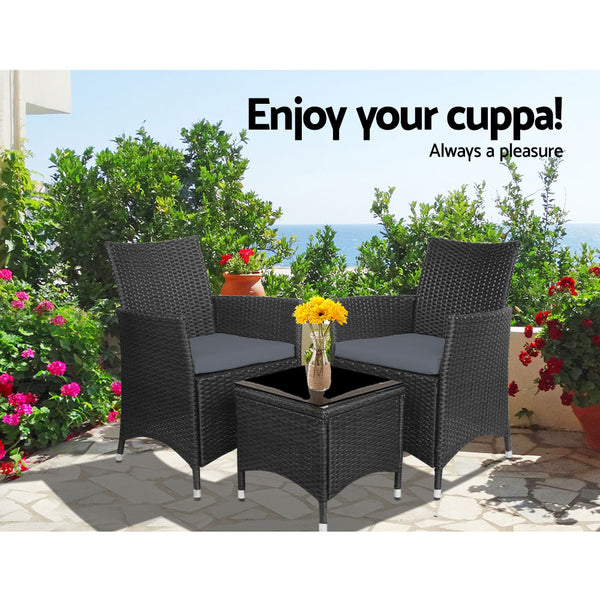 Gardeon 3pc Bistro Wicker Outdoor Furniture Set Black freeshipping - Awezingly