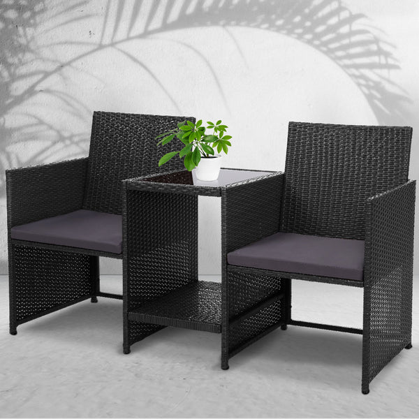 Gardeon Outdoor Setting Wicker Loveseat Birstro Set Patio Garden Furniture Black freeshipping - Awezingly