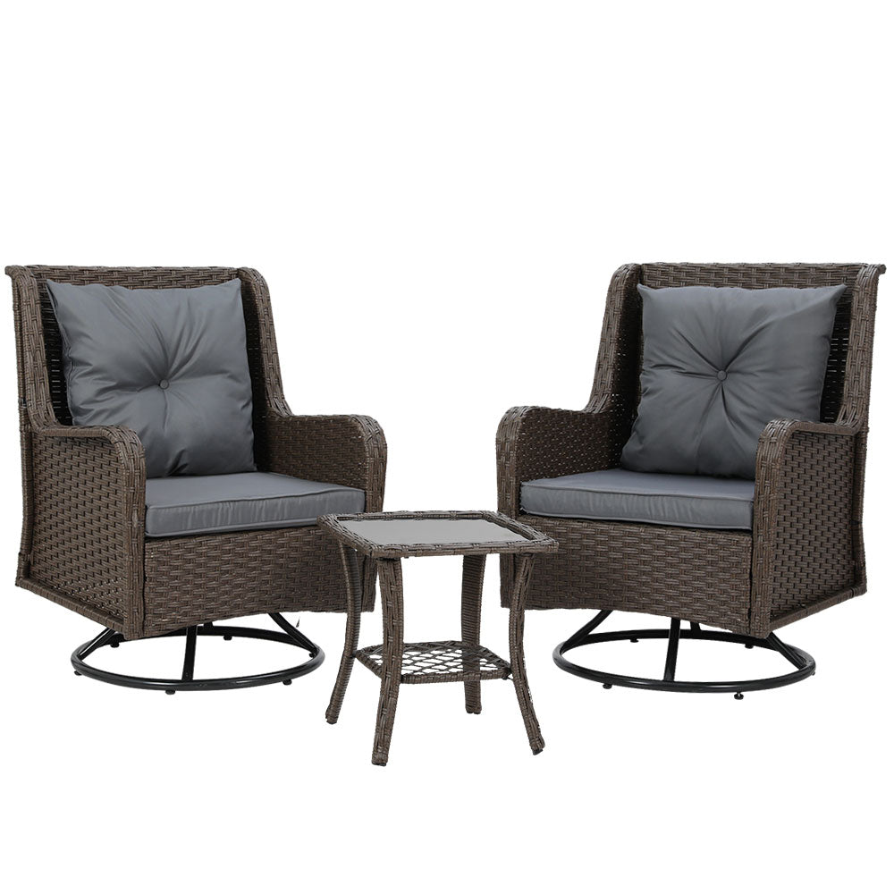 Gardeon Outdoor Chairs Patio Furniture Lounge Setting 3 Pcs Wicker Swivel Chair Table Bistro Set Gardeon