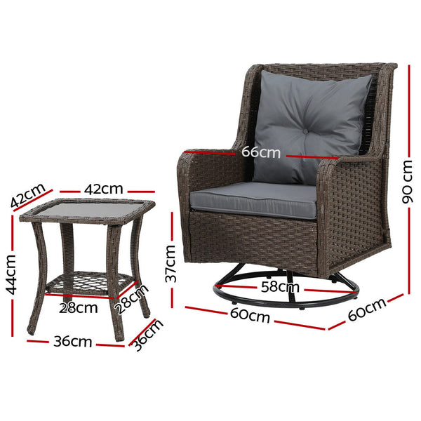 Gardeon Outdoor Chairs Patio Furniture Lounge Setting 3 Pcs Wicker Swivel Chair Table Bistro Set Gardeon