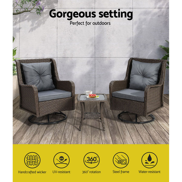 Gardeon Outdoor Chairs Patio Furniture Lounge Setting 3 Pcs Wicker Swivel Chair Table Bistro Set Gardeon