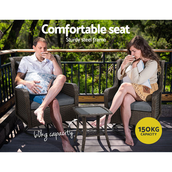 Gardeon Outdoor Chairs Patio Furniture Lounge Setting 3 Pcs Wicker Swivel Chair Table Bistro Set Gardeon