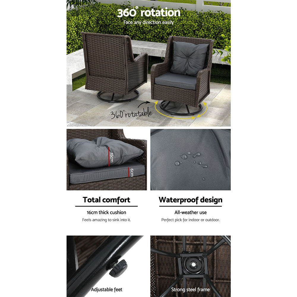 Gardeon Outdoor Chairs Patio Furniture Lounge Setting 3 Pcs Wicker Swivel Chair Table Bistro Set Gardeon