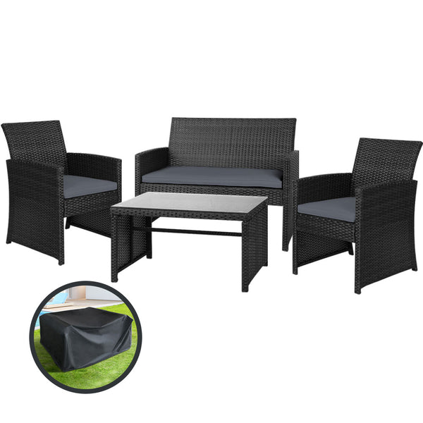 Gardeon Garden Furniture Outdoor Lounge Setting Wicker Sofa Set Storage Cover Black freeshipping - Awezingly