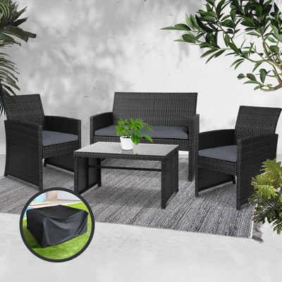 Gardeon 4 PCS Outdoor Sofa Set with Storage Cover Rattan Chair Furniture Black