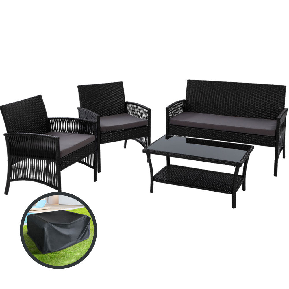 Gardeon 4PCS OutdoorSofa Set with Storage Cover Wicker Harp Chair Table Black Gardeon