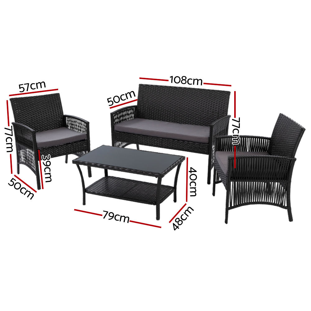 Gardeon 4PCS OutdoorSofa Set with Storage Cover Wicker Harp Chair Table Black Gardeon