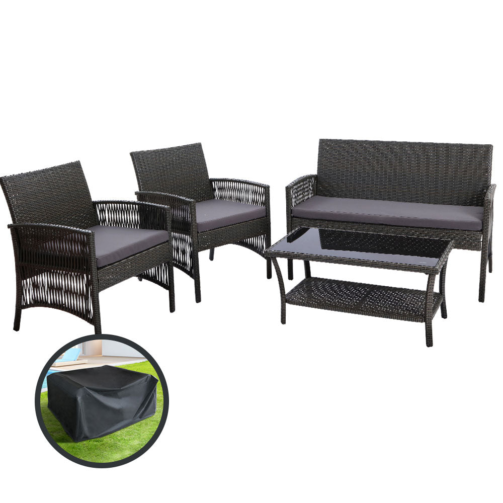 Gardeon 4PCS Outdoor Sofa Set with Storage Cover Wicker Harp Chair Table Grey Gardeon