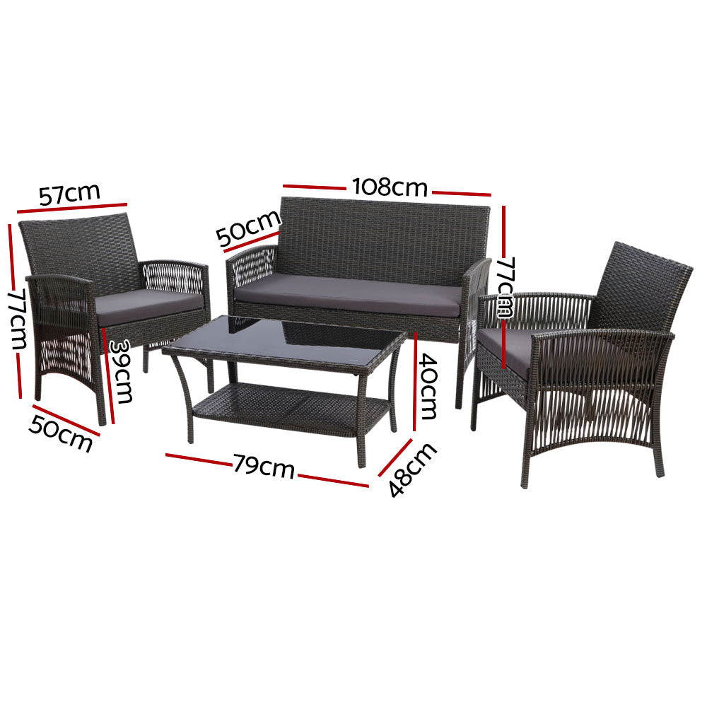 Gardeon 4PCS Outdoor Sofa Set with Storage Cover Wicker Harp Chair Table Grey Gardeon