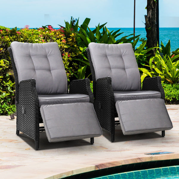 Gardeon Recliner Chairs Sun lounge Outdoor Furniture Setting Patio Wicker Sofa Black 2pcs freeshipping - Awezingly