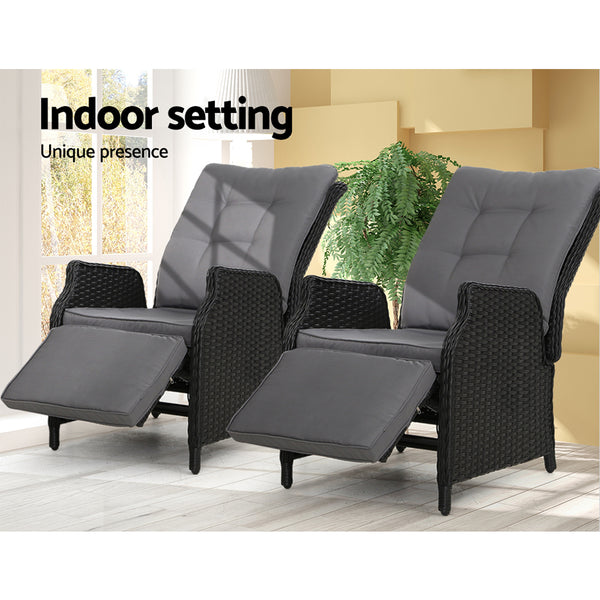 Gardeon Recliner Chairs Sun lounge Outdoor Furniture Setting Patio Wicker Sofa Black 2pcs freeshipping - Awezingly