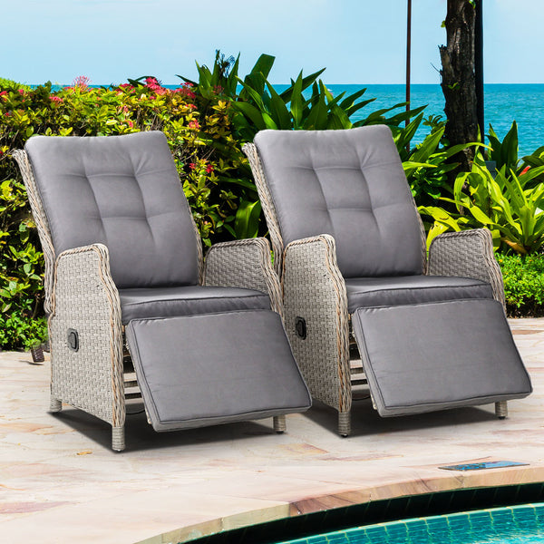 Gardeon Recliner Chairs Sun lounge Outdoor Furniture Setting Patio Wicker Sofa Grey 2pcs freeshipping - Awezingly