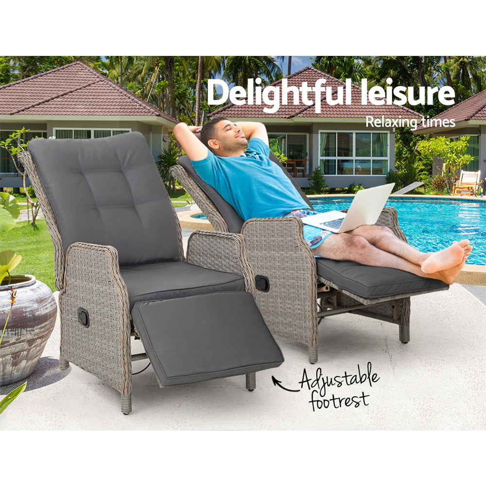 Gardeon Recliner Chairs Sun lounge Outdoor Furniture Setting Patio Wicker Sofa Grey 2pcs freeshipping - Awezingly