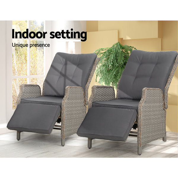 Gardeon Recliner Chairs Sun lounge Outdoor Furniture Setting Patio Wicker Sofa Grey 2pcs freeshipping - Awezingly