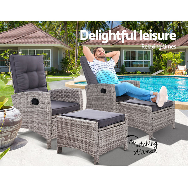 2PC Sun lounge Recliner Chair Wicker Lounger Sofa Day Bed Outdoor Chairs Patio Furniture Garden Cushion Ottoman Gardeon freeshipping - Awezingly