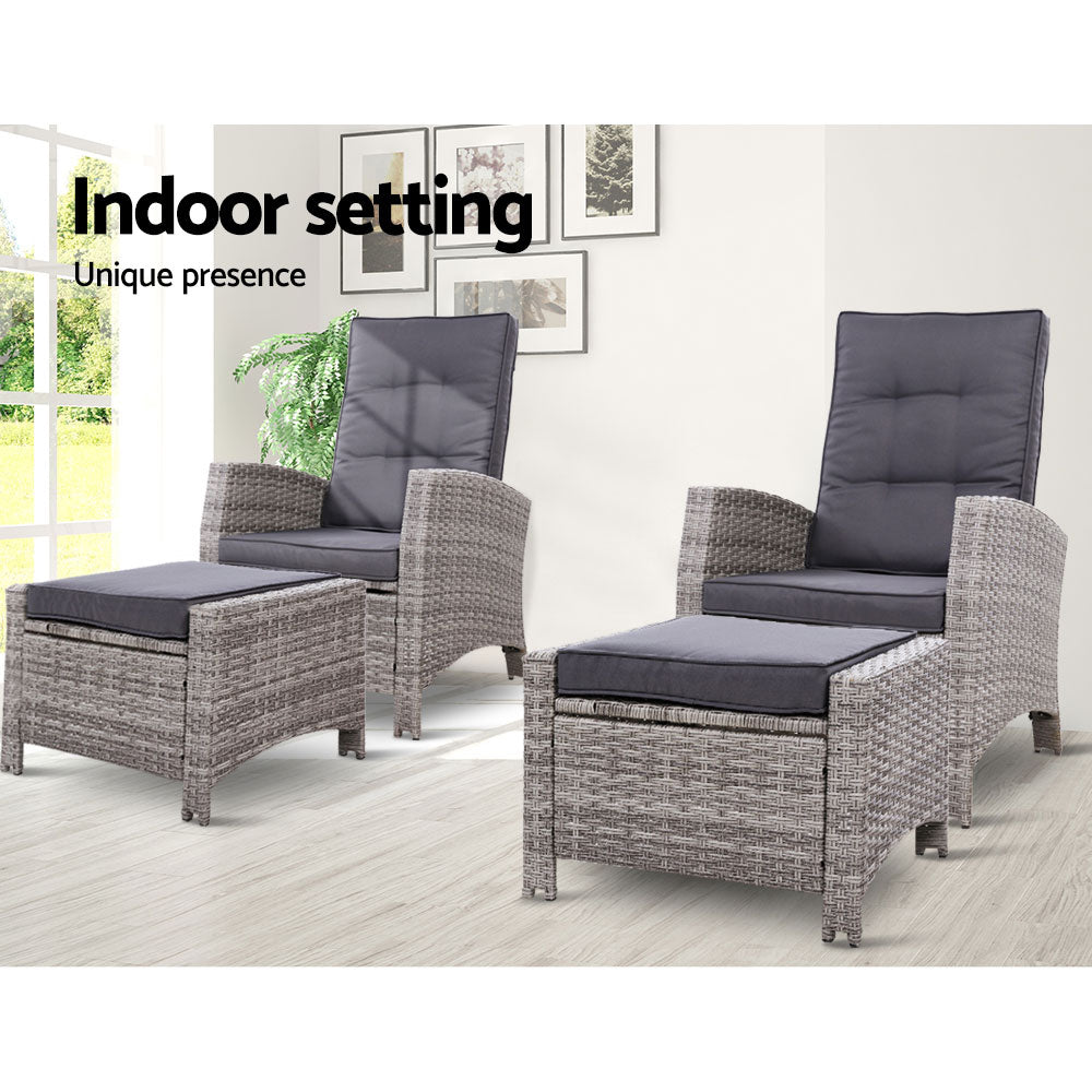 2PC Sun lounge Recliner Chair Wicker Lounger Sofa Day Bed Outdoor Chairs Patio Furniture Garden Cushion Ottoman Gardeon freeshipping - Awezingly