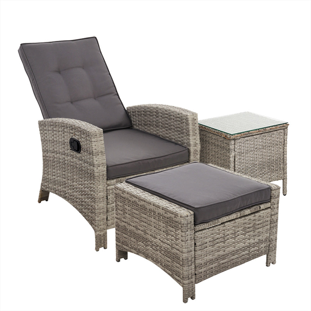 Gardeon Outdoor Setting Recliner Chair Table Set Wicker lounge Patio Furniture Grey Gardeon