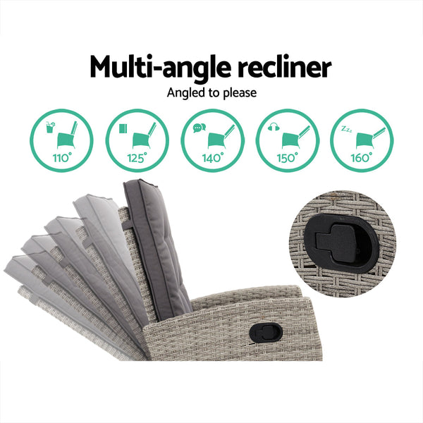 Gardeon Outdoor Setting Recliner Chair Table Set Wicker lounge Patio Furniture Grey Gardeon