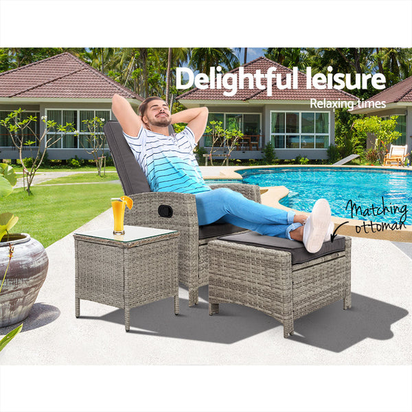 Gardeon Outdoor Setting Recliner Chair Table Set Wicker lounge Patio Furniture Grey Gardeon
