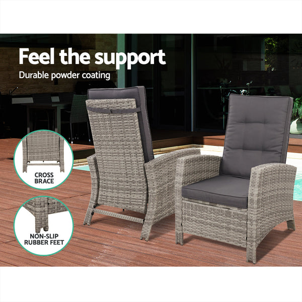 Gardeon Outdoor Setting Recliner Chair Table Set Wicker lounge Patio Furniture Grey Gardeon