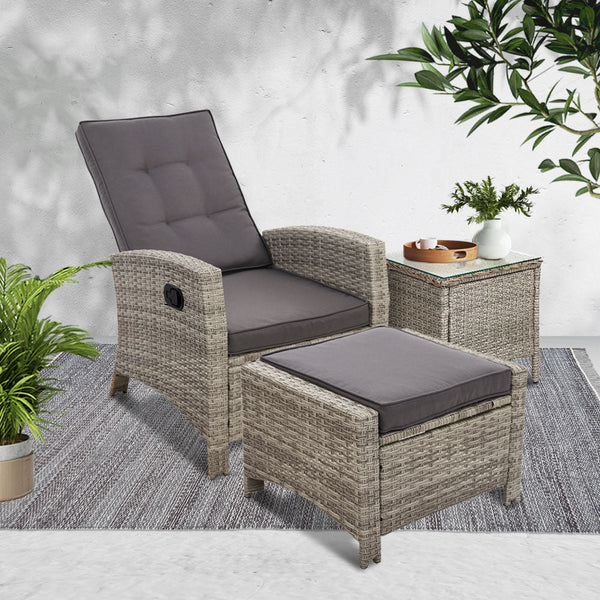 Gardeon Outdoor Setting Recliner Chair Table Set Wicker lounge Patio Furniture Grey Gardeon