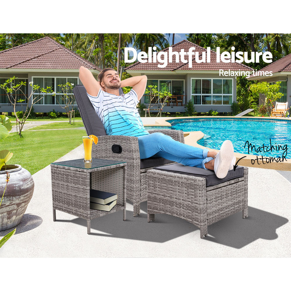 Gardeon Outdoor Setting Recliner Chair Table Set Wicker lounge Patio Furniture Grey Gardeon