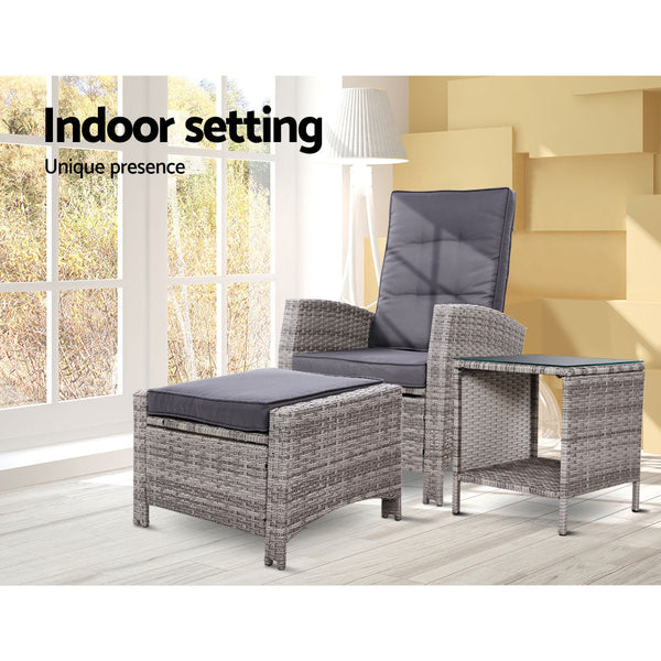 Gardeon Outdoor Setting Recliner Chair Table Set Wicker lounge Patio Furniture Grey Gardeon