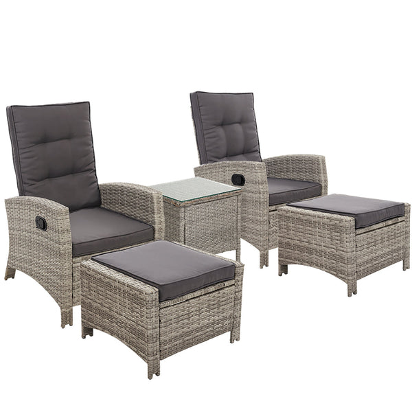 Gardeon Outdoor Patio Furniture Recliner Chairs Table Setting Wicker Lounge 5pc Grey Gardeon