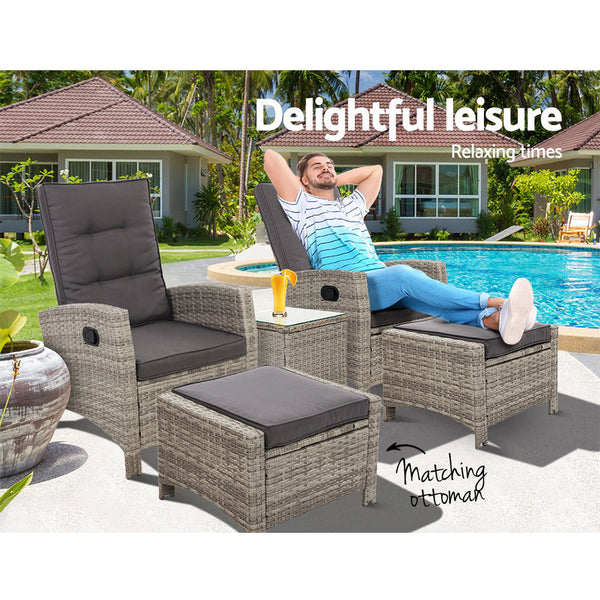 Gardeon Outdoor Patio Furniture Recliner Chairs Table Setting Wicker Lounge 5pc Grey Gardeon