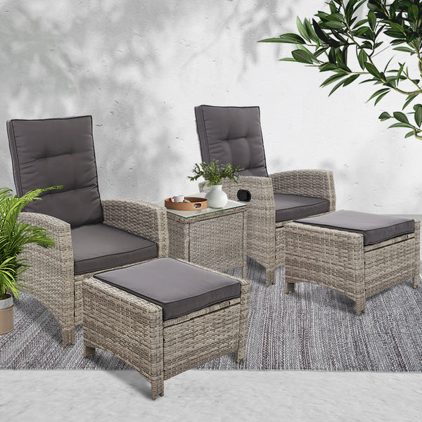 Gardeon Outdoor Patio Furniture Recliner Chairs Table Setting Wicker Lounge 5pc Grey Gardeon
