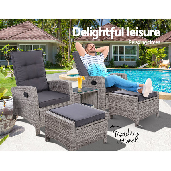 Gardeon Outdoor Patio Furniture Recliner Chairs Table Setting Wicker Lounge 5pc Grey Gardeon