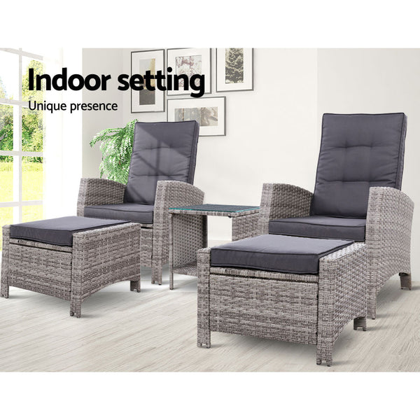 Gardeon Outdoor Patio Furniture Recliner Chairs Table Setting Wicker Lounge 5pc Grey Gardeon