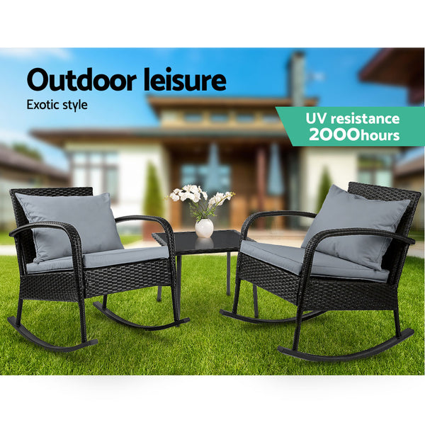 Gardeon 3 Piece Outdoor Chair Rocking Set - Black freeshipping - Awezingly