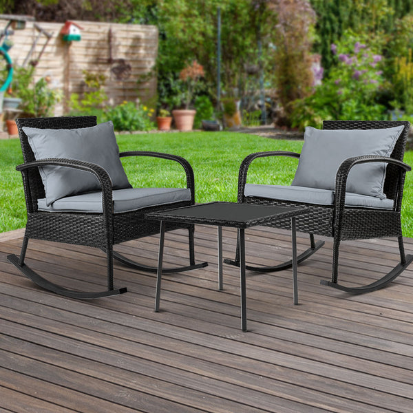 Gardeon 3 Piece Outdoor Chair Rocking Set - Black freeshipping - Awezingly