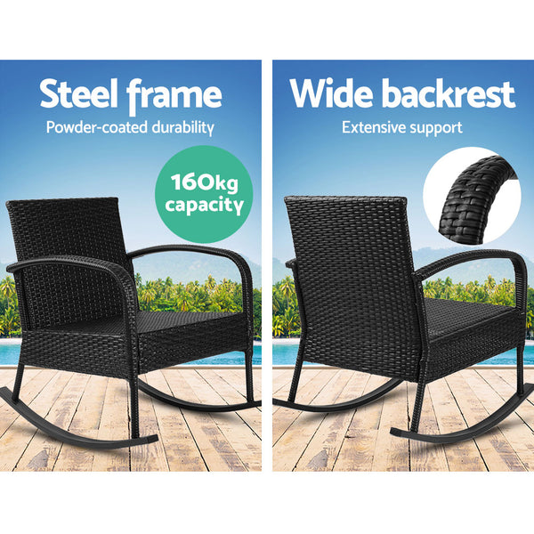 Gardeon 3 Piece Outdoor Chair Rocking Set - Black freeshipping - Awezingly
