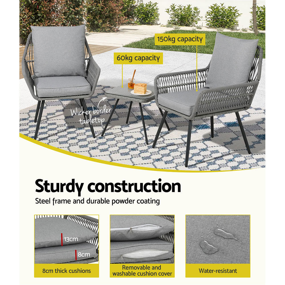 Gardeon Outdoor Furniture 3-Piece Lounge Setting Chairs Table Bistro Set Patio Gardeon