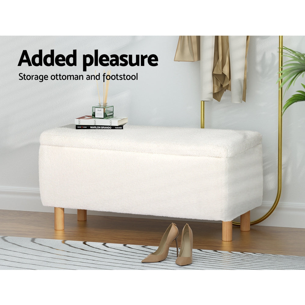 Artiss Storage Ottoman Blanket Box Teddy Fabric Chest Toy Foot Stool Couch White Artiss