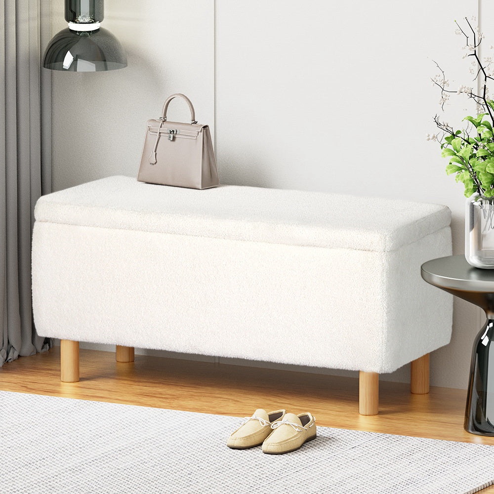 Artiss Storage Ottoman Blanket Box Teddy Fabric Chest Toy Foot Stool Couch White Artiss