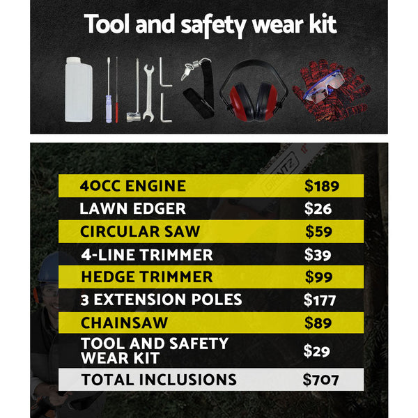 Giantz 4-STROKE Pole Chainsaw Brush Cutter Hedge Trimmer Saw Multi Tool Giantz