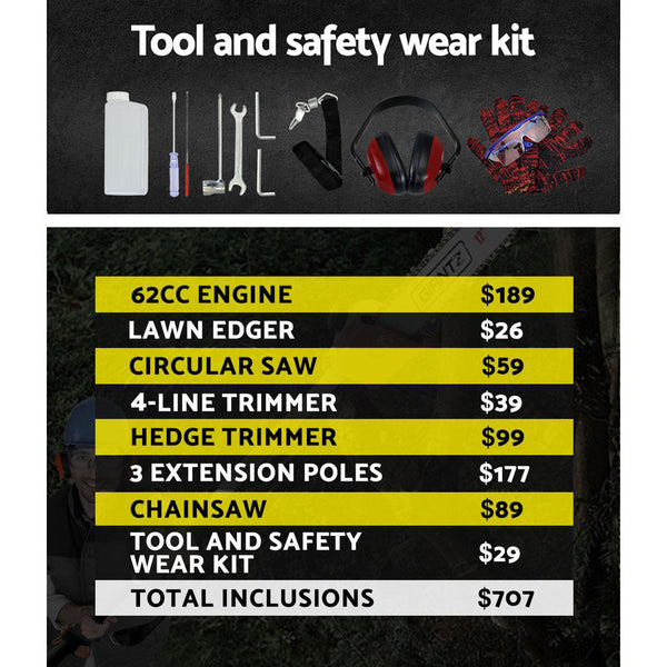 Giantz 62CC Petrol Pole Chainsaw Saw Brush Cutter Whipper Snipper Hedge Trimmer Giantz