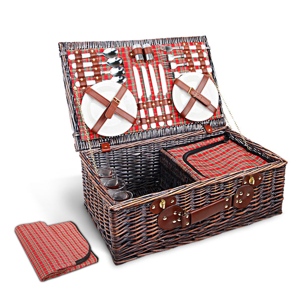 Alfresco 4 Person Picnic Basket Baskets Red Handle Outdoor Corporate Blanket Park freeshipping - Awezingly