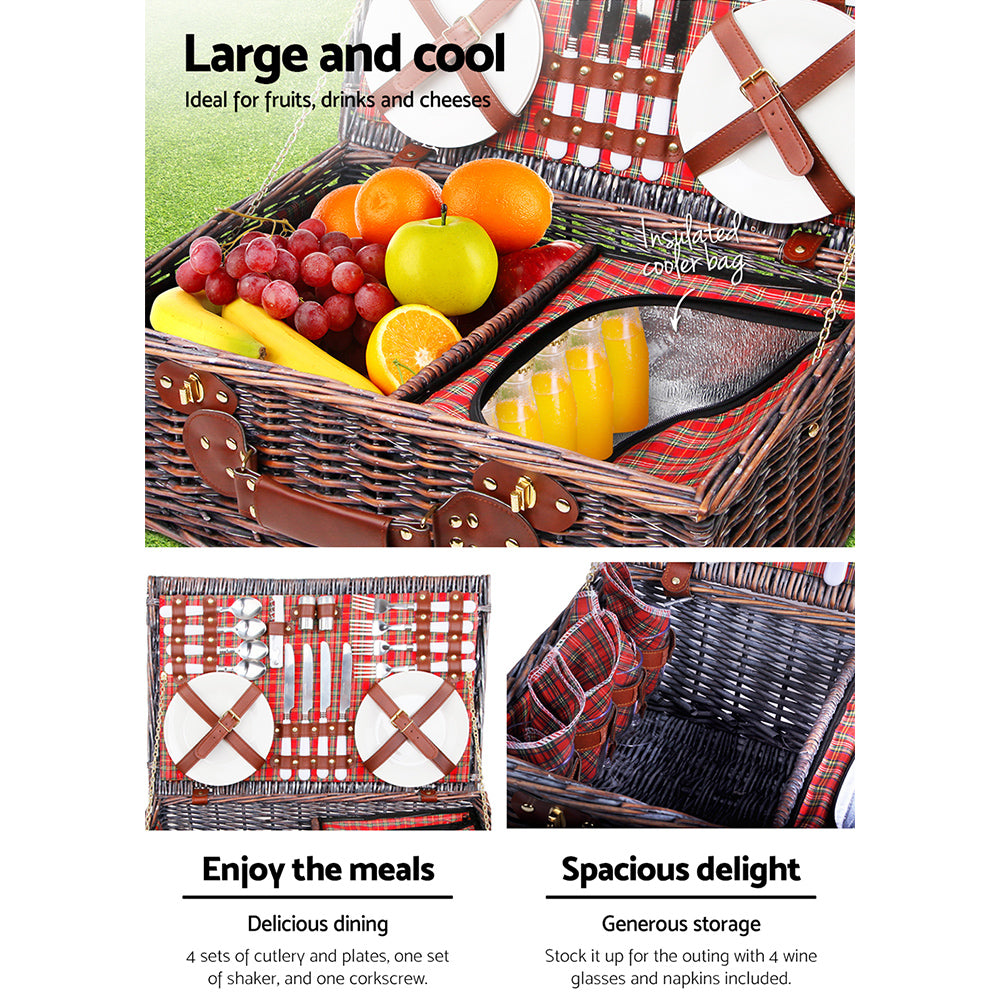 Alfresco 4 Person Picnic Basket Baskets Red Handle Outdoor Corporate Blanket Park freeshipping - Awezingly
