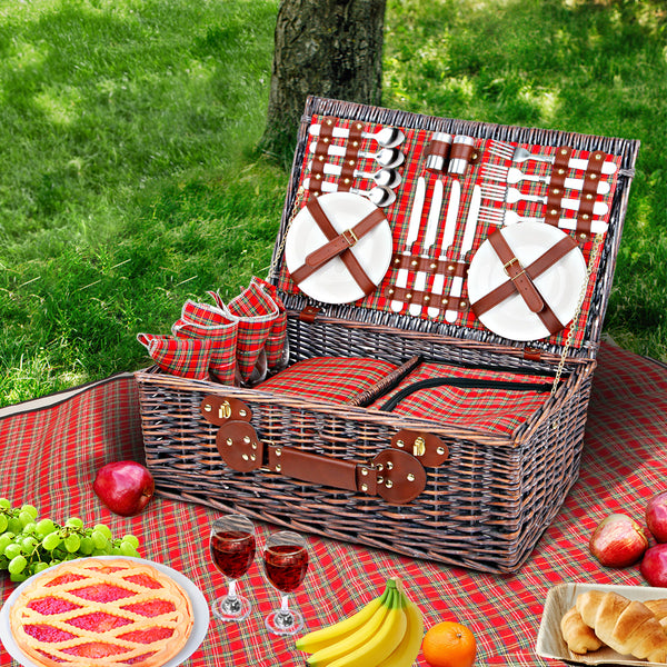 Alfresco 4 Person Picnic Basket Baskets Red Handle Outdoor Corporate Blanket Park freeshipping - Awezingly