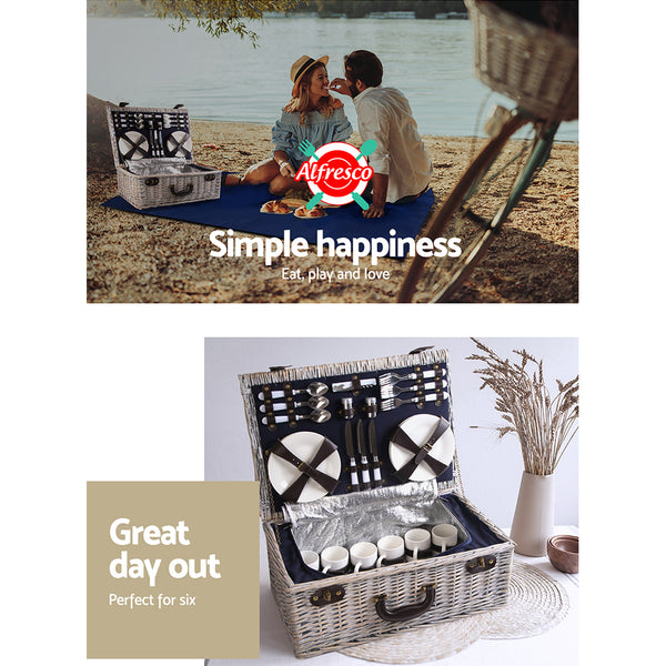 Alfresco 6-Person Picnic Basket Cooler Bag Wicker PU Fastening Straps Plates freeshipping - Awezingly