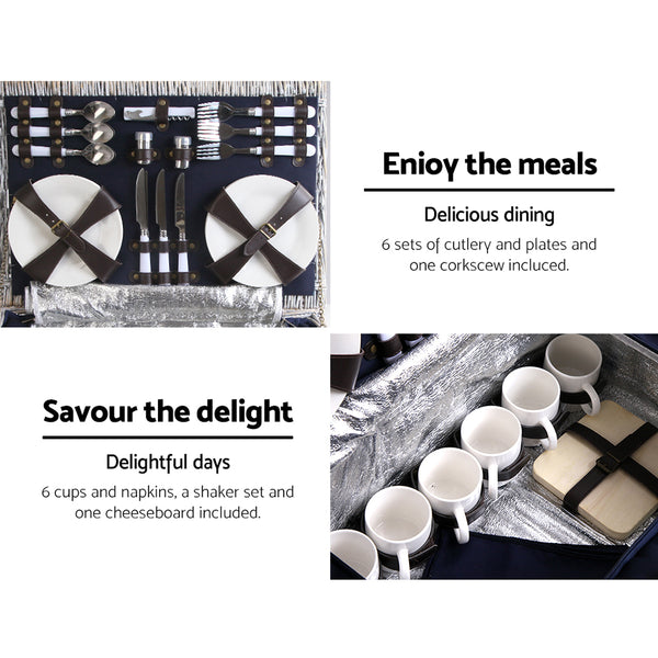 Alfresco 6-Person Picnic Basket Cooler Bag Wicker PU Fastening Straps Plates freeshipping - Awezingly