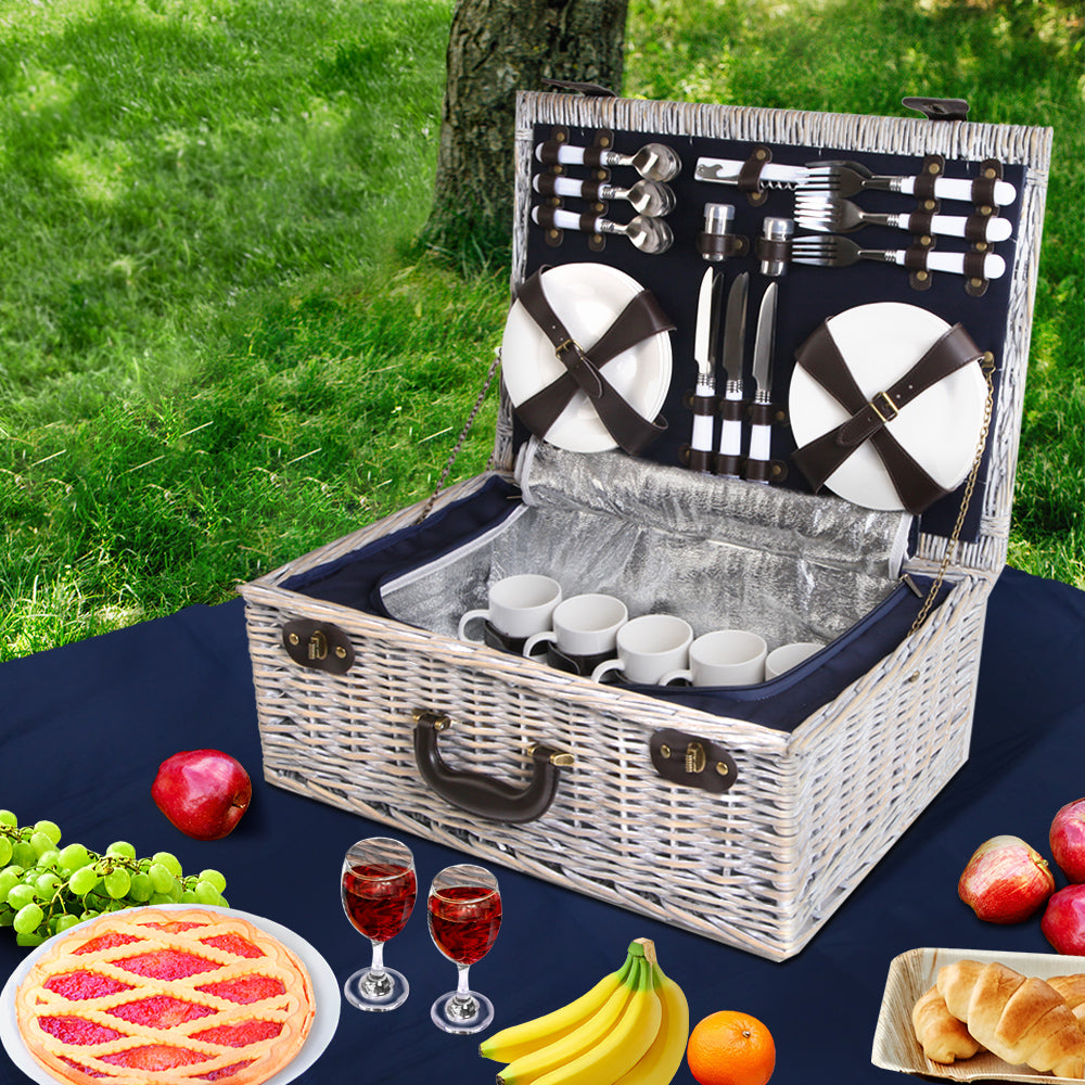 Alfresco 6-Person Picnic Basket Cooler Bag Wicker PU Fastening Straps Plates freeshipping - Awezingly