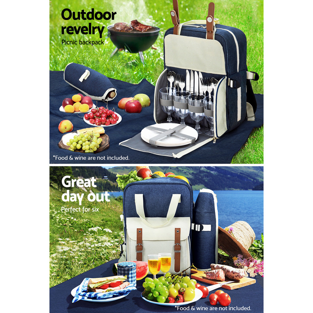 Alfresco Picnic Basket Backpack Set Cooler Bag 4 Person Outdoor Liquor Blue Alfresco